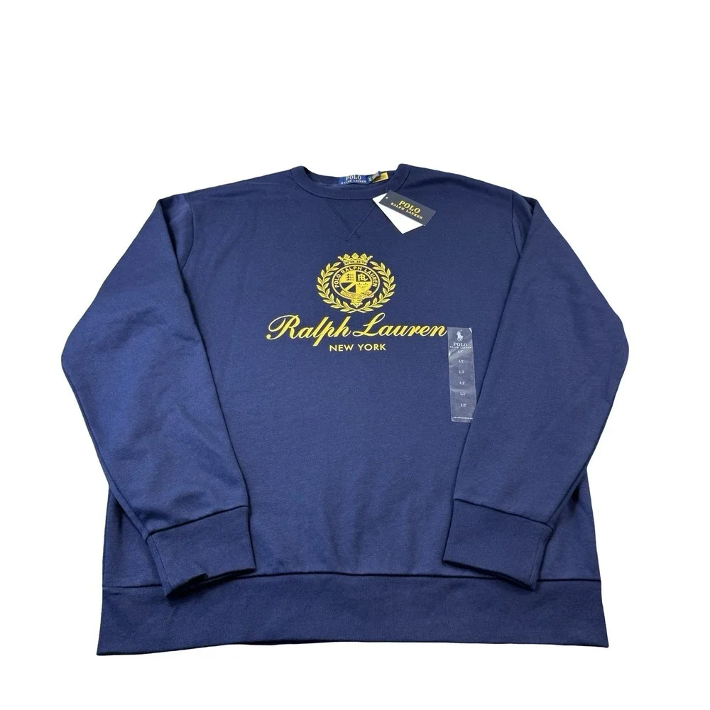 Polo Ralph Lauren Blue Gold Fleece Lined Crest Graphic Crewneck L Tall NWT